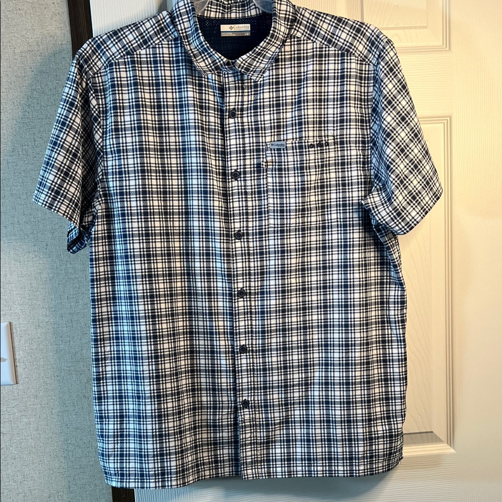 Columbia Men's Navy and White Plaid Button Down Shirt